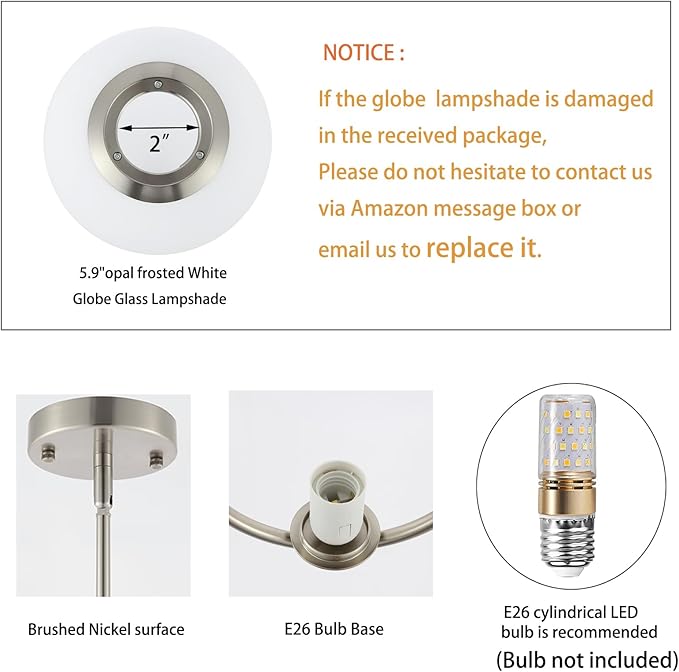 Modern Globe Pendant Light 2-Lights Brushed Nickel Chandelier Mid Century Ceiling Hanging Lighting Fixture White Globe Glass Shades for Kitchen Island Dining Room Bedroom