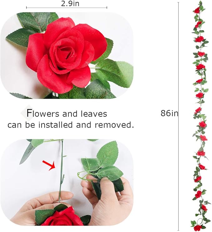 LESING Rose Garlands Artificial Rose Vines, 4PCS(28.8FT) Fake Silk Flower Garland with Greenery Plants Wedding Hanging Flower Vines Garlands for Home Office Arch Garden Decoration (Red)