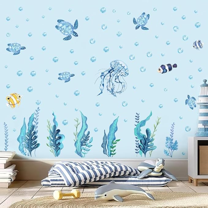 94 PCS of Marine Ecological Wall Decals,Under The Sea Bathroom Decor Wall Decals,Sea Turtles,Jellyfish,Clownfish, and Aquatic Plants Create an Underwater World Atmosphere,for Children's Rooms
