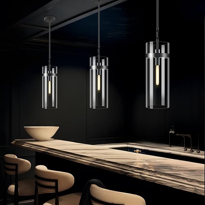 Modern Large Glass Kitchen Island Pendant Light,Black 6'' Clear Adjustable Island Pendant Lights,1 Light Indoor Pendant Light, for Kitchen Dining Bathroom Bedroom,Included 2 Bulb