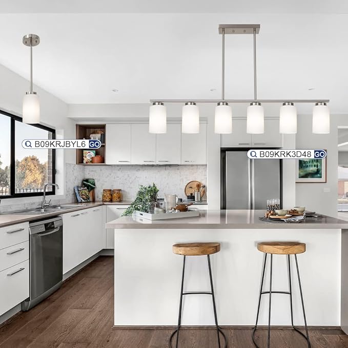 TODOLUZ 6-Lights Farmhouse Pendant Light Fixture Kitchen Island Lights with Opal White Glass Shade, Hanging Ceiling Light in Brushes Nickel for Dining Room Home Lighting