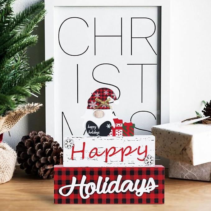 MEETYAMOR Christmas Decor, Large Size 3-Layered Gnome Wood Block with Happy Holidays Sign Christmas Table Decor, Farmhouse Rustic Xmas Decorations Indoor for Home, Mantle, Shelf, Living Room