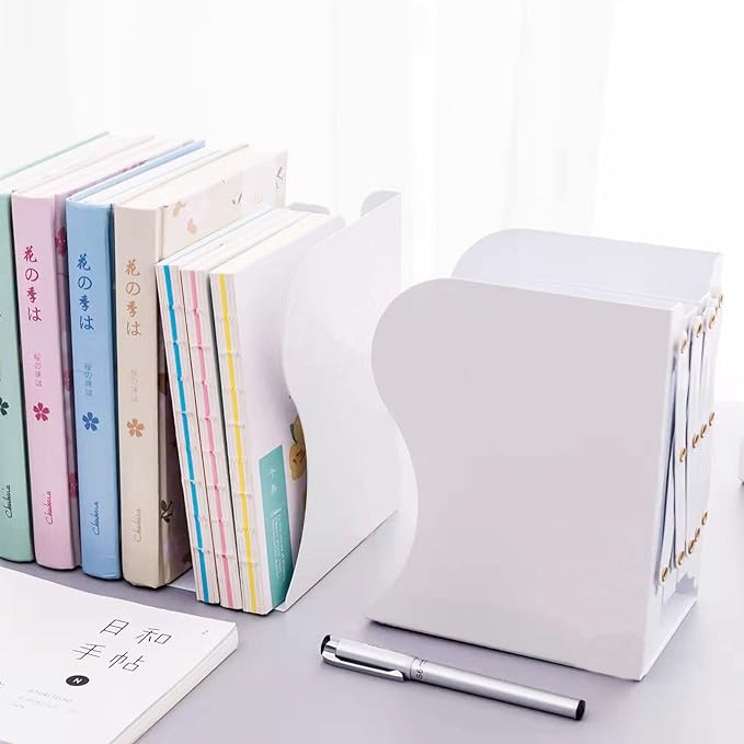 Adjustable Metal Bookends Heavy Duty for Shelves, 2 Dividers, Anti-Slip Design Expandable Book Ends for Desk, Office(White, 19 inches Max)