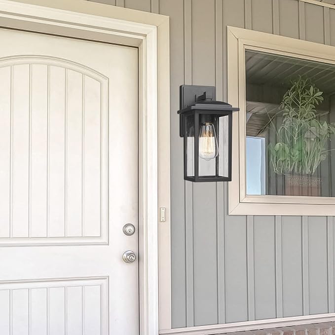 Outdoor Wall Sconce 1 Pack, Exterior Light Lantern Fixture, Porch Lights Lamp Outdoor Wall Mounted in Black Finish with Seeded Glass for House, Garage, Patio, Yard, Garden