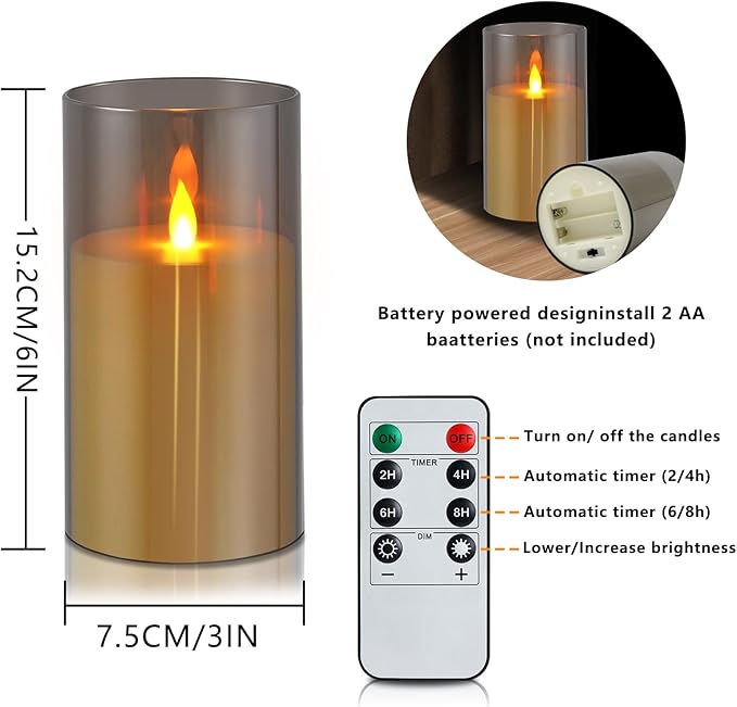 Flameless Candles 4" 5" 6" Set of 3 Acrylic Glass Pillars 3" Diameter Battery Operated Flickering Candles Include 10-Key Remote with Timer Function 400+ Hours (Gray, Warm Light 2 Pack)