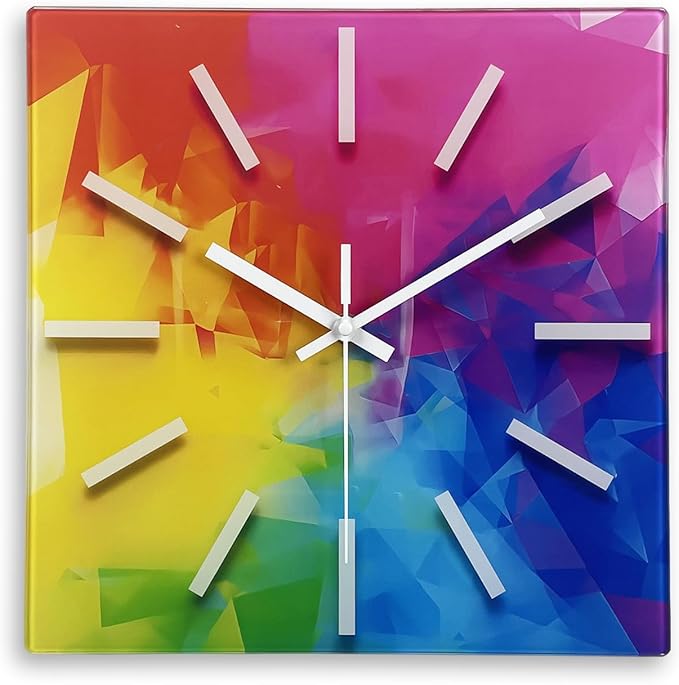Square Glass Wall Clock Silent Analog Wall Clocks Battery Operated 14 Inch Colorful Wall Clock for Kitchen