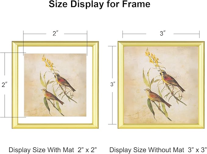 3x3 Picture Frame Set of 3, Gold Aluminum Metal Square Photo Frame with HD Glass, Fits 2x2 with Mat or 3 x 3 without Mat, Display For Tabletop or Wall Collage