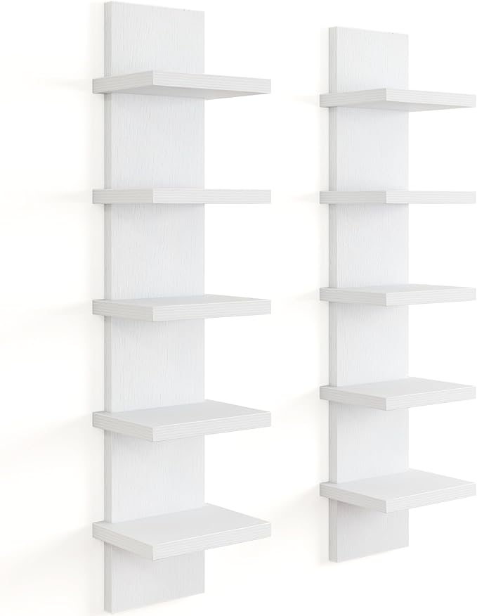 5 Tier Wall Shelf Unit, Decorative Wall Mount Vertical Shelving, Floating Storage Home Decor Organizer Tall Tower Design Utility Shelving Bedroom Living Room, Modern White 2Pack