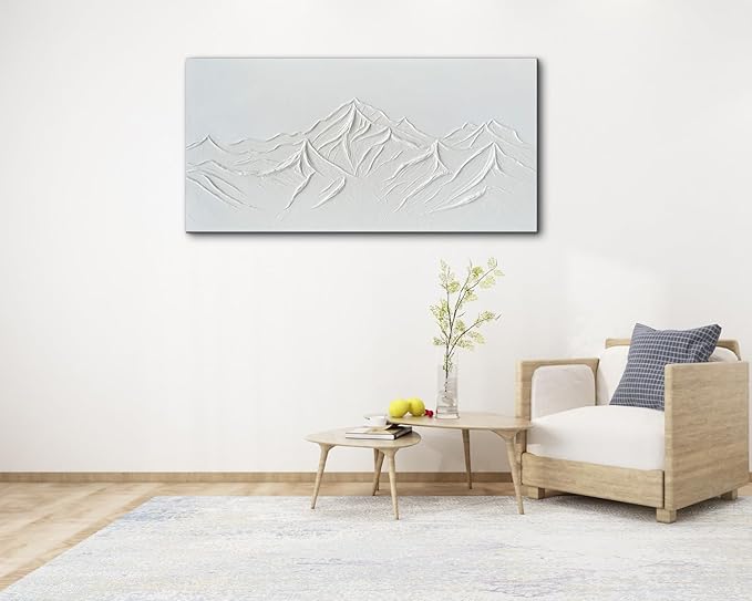 Creespi Hand-Painted Textured White Mountain Oil Painting on Canvas 24x48 inch,Modern Minimalist Abstract Landscape Wall Art for Home Wall Décor