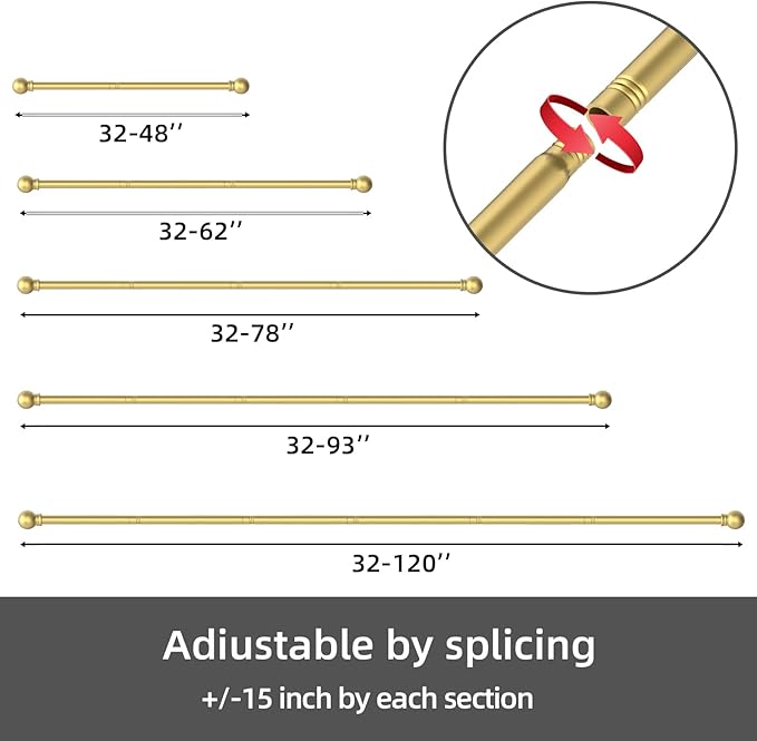 2 Pack Gold Curtain Rods for windows 32 to 48 inch, 5/8 inch Splicing Heavy Duty Metal Curtain Rod Set with Brackets
