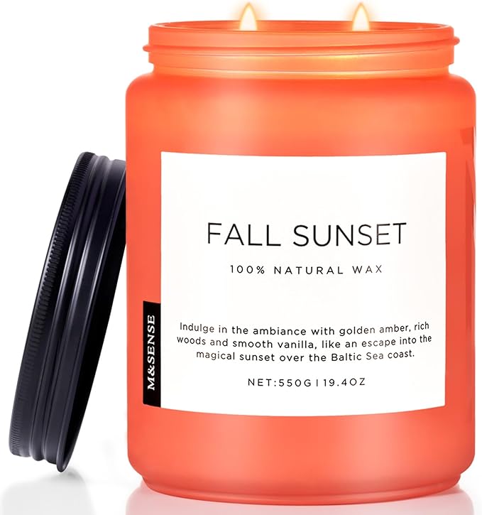 M&SENSE Fall Sunset Amber Scented 19.4oz 110 Hours Long Lasting Slow Burning Candle for Housewarming, Large Natural Soy Organic Relaxing Aromatherapy Candle Gifts for Women Men