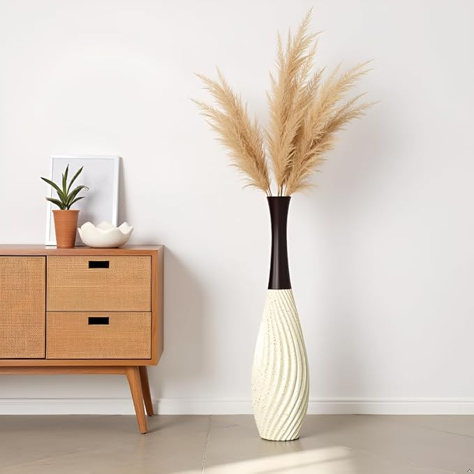 23.6 Inch Cream Tall White Vases – Brown Neck Teardrop Vase with Textured Vertical Lines & Speckled Finish, Decorative Floor Vase for Living Room, Wedding, Boho Home Decor – Resin Tall Vases