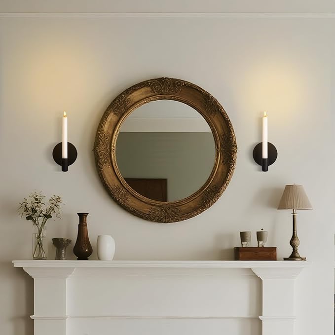 Matte Black Wall Sconce Candle Holders Set of 2 for Taper Candles, Minimalist Metal Wall Mounted Candlestick - 0.82 Inch Cup Diameter
