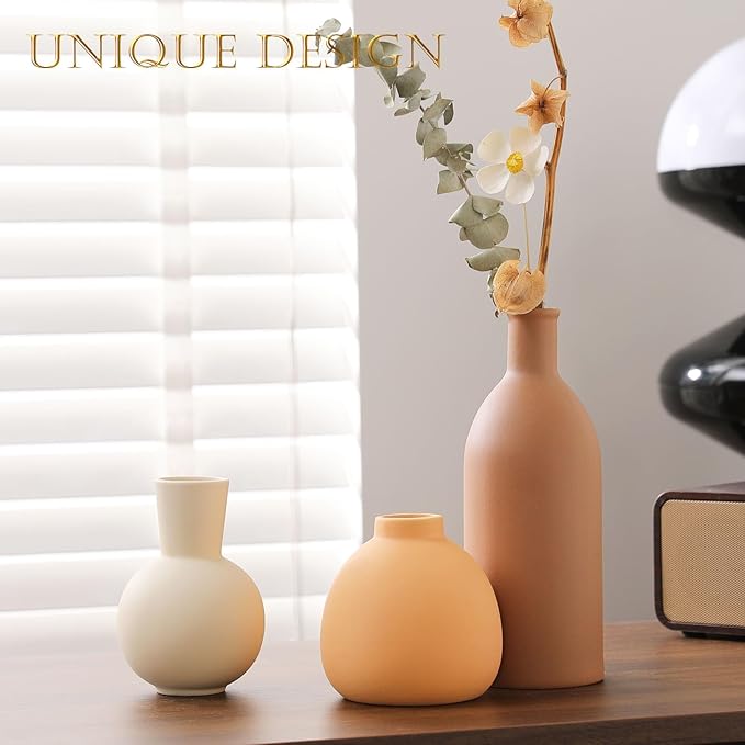 Ceramic Vase Set of 3 - Handcrafted Ceramic Vases for Home Decor & Shelf - Modern Farmhouse Decor for Kitchen, Office, Bedroom & Living Room Decorative Objects for Mantel, Table Centerpieces