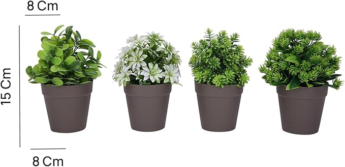 VENTO 4 Pack Fake Artificial Plants with Brown Pots, Realistic Succulent, shrubs Potted Plants for Home, Kitchen, Bathroom, and Office Decor, Durable Non-Toxic Plastic, UV Resistant, Easy to Clean