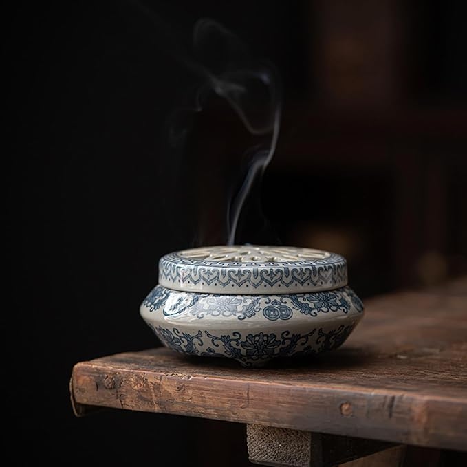 Coil Incense Holder Blue and White Porcelain Incense Cone Burner Spherical Shape for Coil Incense and Incense Cone Set for Office Yoga and Livingroom Decor Home (Width-4.66)