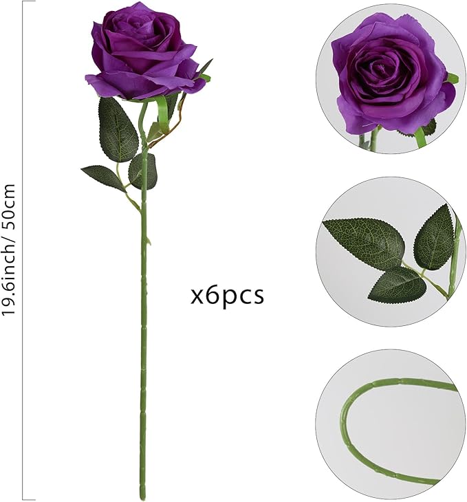 IPOPU 6PCS Purple Silk Lop-Sided Rose Artificial Flower with Long Stem Fake Leaf Roses, Artificial Long Stem Fake Roses Suitable for DIY Wedding, Home Decoration and Outdoor Party.