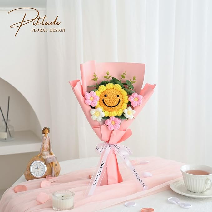 Hand-Woven Flower Bouquet Finished（1pcs） for Mother Girlfriend Birthday Gift Wedding Decoration Crochet Artificial Flower, Bouquet Gift (Smile Sunflower)