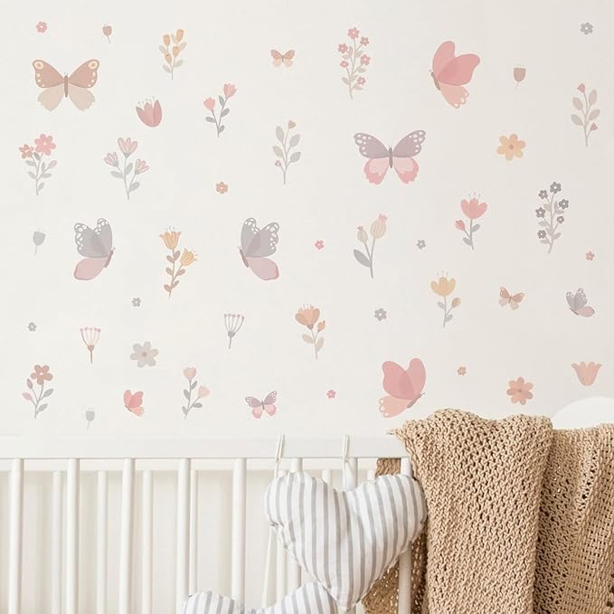 Watercolor Butterfly and Flower Wall Decals Peel and Stick- 53 PCS Removable Wildflower Stickers for Girls Room, Nursery, Bedroom Decor, Easy Peel and Stick Wall Art