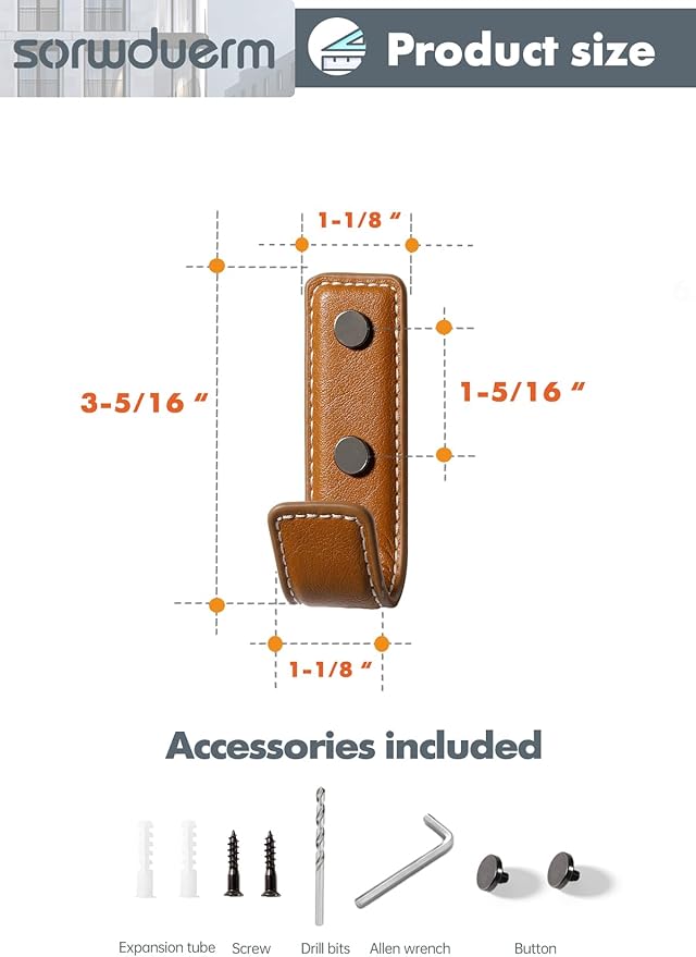 2 Pack Orange Leather Coat Hooks Wall for Hanging Rectangle Coat Hooks for Hanging Robe Towels Bags Hats Scarf Keys Clothes Suitable for Bedroom, Entryway and Closet
