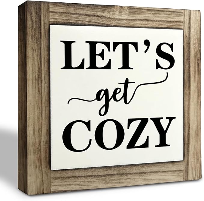 Inspirational Wood Signs, Box Wood Plaques Desk Décor, Farmhouse Home Decor Sign for Shelf, Family Table Decor for Kitchen Bedroom Dining Room, Living Room Decor, Housewarming Gift, Let's Get Cozy