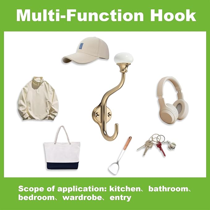 CHIVS Coat Hooks- 5 Pack Antique Brass Wall Hooks, Ceramic Coat Hooks, Decorative Wall Mounted Towel Hanger, zinc Double Prong Hook for Hanging Clothes, Keys, Hats, Backpacks