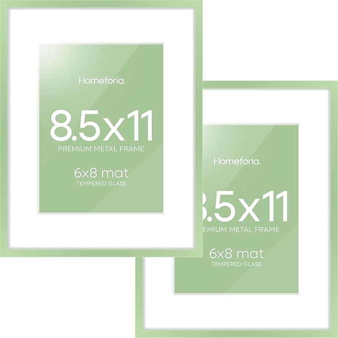Homeforia 8.5x11 Sage Green Frame, High End Metal 8.5 x 11 Picture Frames with Mat 6 by 8 inch Photo, 11x8.5 Poster Frame Matted to 6x8 Art, Wall or Tabletop Frames, Tempered Glass, Wall Kit, Set of 2