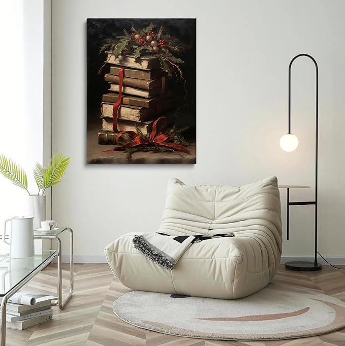 Victorian Christmas Book Stack Wall Art,Book Art,Christmas Still Life Print, Winter Print Oil Painting,Dark Academia,Moody Holiday Art,Christmas Decor For Library Reading Room16x24inch Unframed