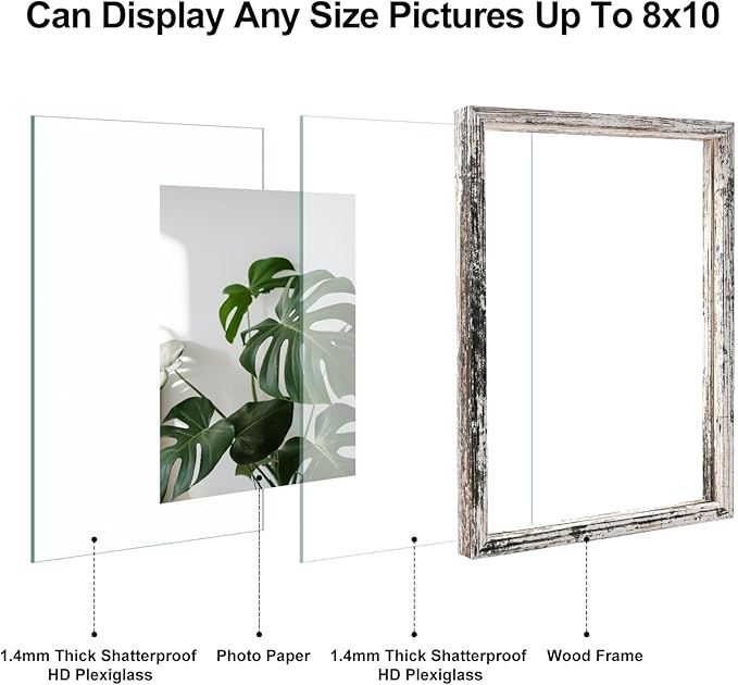 Egofine Distressed White 8x10 Floating Frames Set of 2, Double Plexiglass Picture Frame, Made of Solid Wood Display Any Size Photo up to 8x10, Wall Mount or Tabletop Standing
