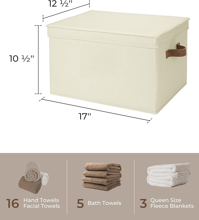 StorageWorks Storage Bins with Lids, Decorative Storage Boxes with Lid and PU Handles, Foldable Storage Baskets for Closet, Shelves, Stackable, Ivory, Jumbo, 3-Pack