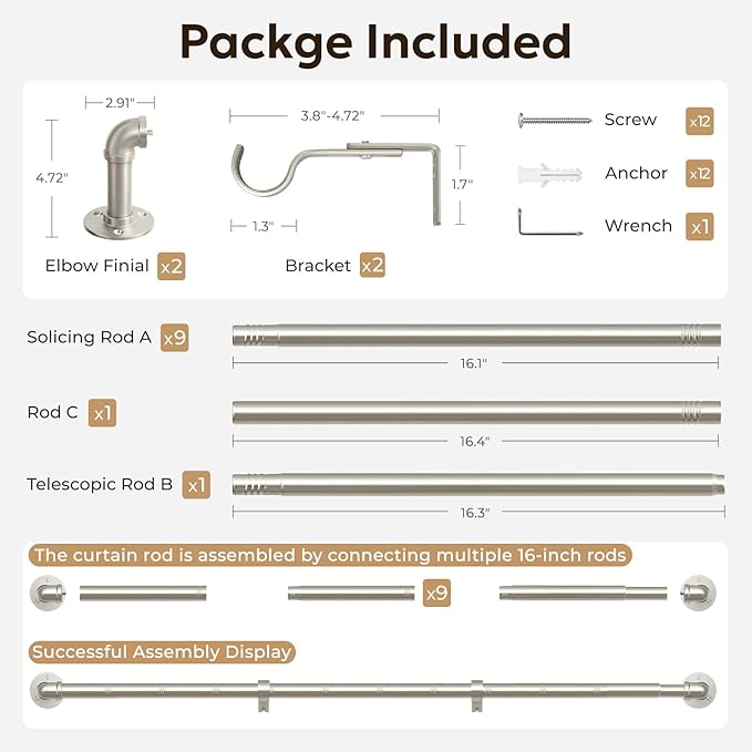 Zeerobee Curtain Rods for Windows 144 to 168, 1 Inch Industrial Wrap Around Curtain Rod, Indoor/Outdoor Room Divider Adjustable Drapery Pole, 144"-168", Brushed Nickel