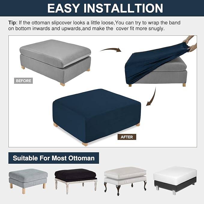 NeColorLife Square Ottoman Cover Velvet Ottoman Slipcover Thick Stretchable Footrest Stool Covers with Elastic Band for Oversized Ottoman (XX-Large Size,Navy Blue)