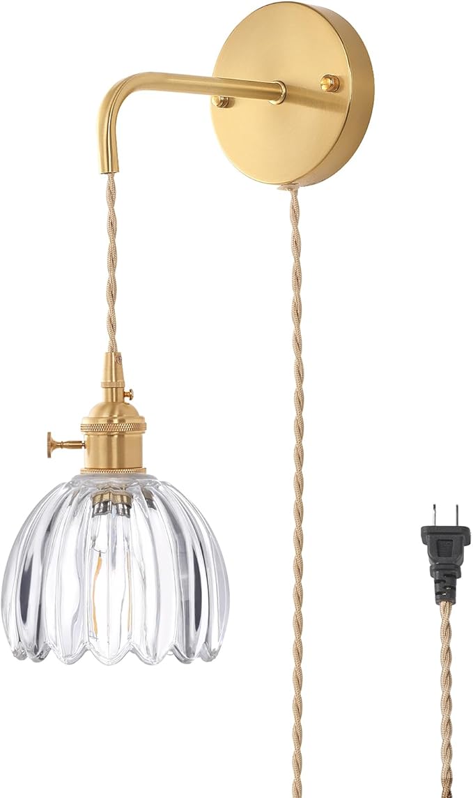 Vintage Wall Sconce Wall Lamp with Clear Tulip Glass Shade Hanging Wall Sconce with 4.9FT Plug in Cord, Modern Wall Lamp Fixtures Decor for Bedside Bedroom Indoor Doorway