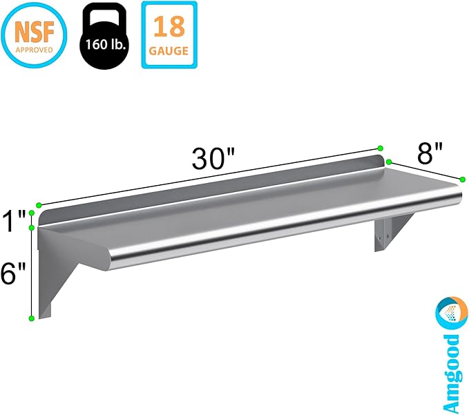 AmGood 8" X 30" Stainless Steel Wall Shelf | Metal Shelving | Garage, Laundry, Storage, Utility Room | Restaurant, Commercial Kitchen | NSF