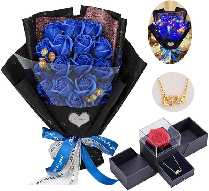 EIGHTOWN Roses Bouquet Artificial Flower - Preserved Blue Rose Flowers with Love Necklace for Her - Unique Gifts Valentine's Day, Mother's Day, Thanksgiving, Birthday, Anniversary