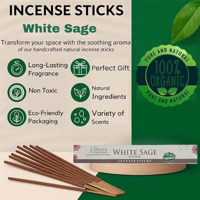 Bless-White-Sage 100%-Natural-Handmade-Hand-Dipped-Incense-Sticks Organic-Chemicals-Charcoal-Free Purification-Relaxation-Positivity-Yoga-Meditation Best-Woods-Scent (80 Sticks (4.20 OZ))