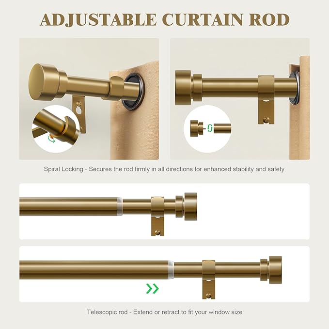 Oneach Gold Curtain Rods for Windows 66 to 120 Inch, 1 Inch Pole Adjustable Length Heavy Duty Metal Curtain Rod Set, for Outdoor Bedroom Kitchen Living Room (16 to 120 Inch)