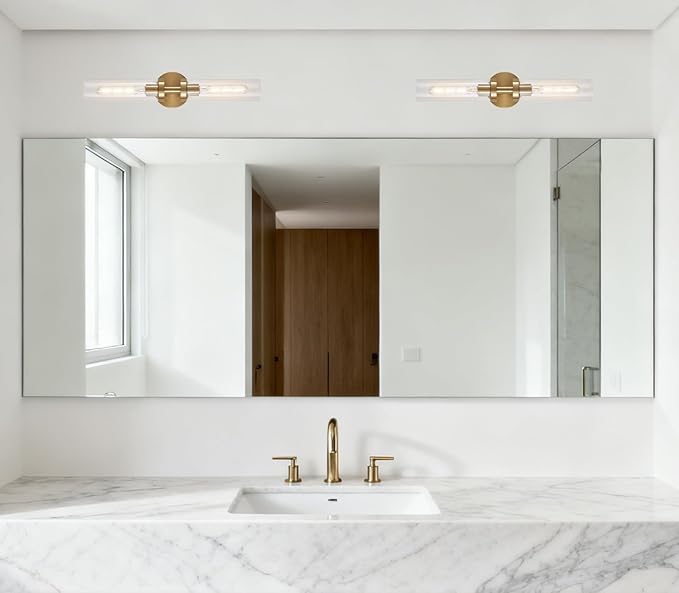 AT-VALY Wall Sconces Set of Two,Vanity Light Fixtures with Clear Glass,Modern Sconces Wall Decor for Bathroom, Living Room Mirror (Brushed Brass)