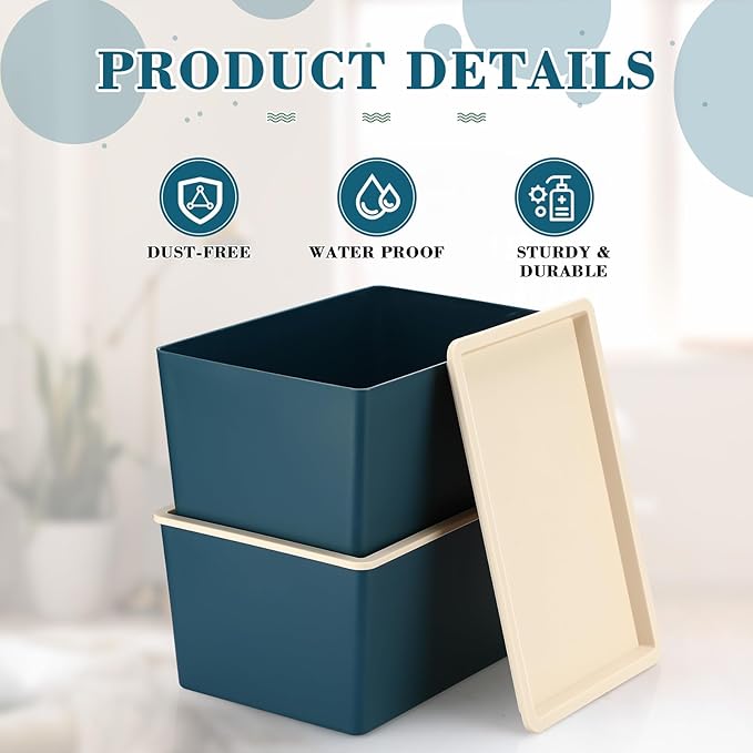 Menkxi 4 Pcs Storage Bins with Lids Plastic Stackable Containers for Organizing Shelves Christmas Ornament Box Baskets(Blue,Large)