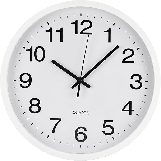 Wall Clock Modern Simple Style Round Plastic Decor Clock Non-Ticking Silent Quartz Movement Wall Clocks for Home/Office/School/Living Room/Bedroom/Kitchen (White, 12 Inch)