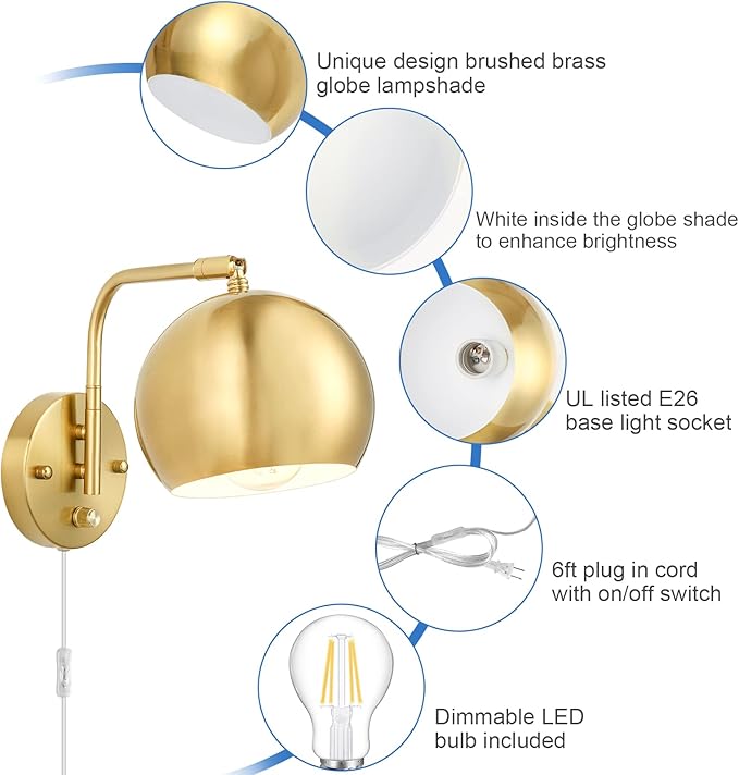 Plug in Dimmable Wall Sconce Swing Arm Wall Lights with Plug in Cord and Dimmer On/Off Knob Switch, Brushed Brass Globe Wall Light for Bedside Bedroom Bathroom(1 Bulb Included)