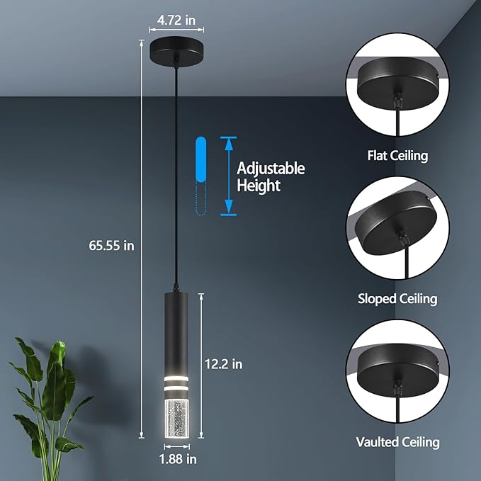 Pendant Lights Kitchen Island, Crystal Pendant Light Fixtures Mini 6W LED Modern Kitchen Pendant Lighting Over Sink and Living Room and Bedroom (Black 2-Pack)