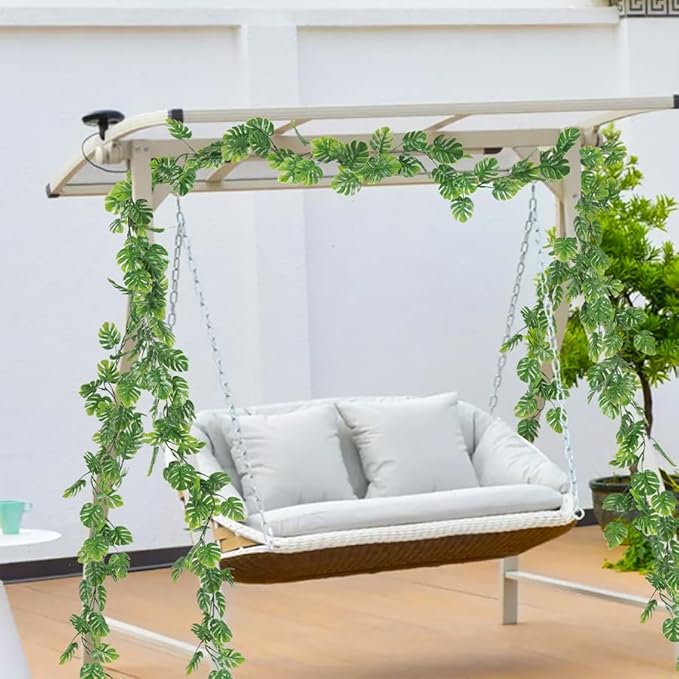 RECUTMS 6Pcs Artificial Monstera Leaf Vines, 5.9FT Faux Tropical Monstera Garland Fake Hanging Plant Ivy Palm Leave Greenery Vine for Garden Porch Patio Jungle Luau Party Birthday Indoor Outdoor Décor