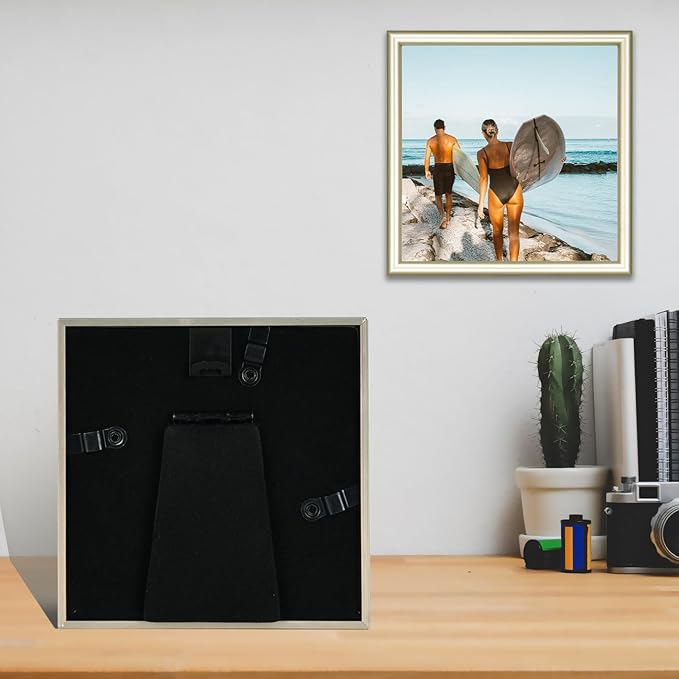 4x4 Picture Frame Set of 2, Champagne Modern Simple Thin Aluminum Metal Square Photo Frames with HD Real Glass, Display for Tabletop and Wall Collage, 2 Pack