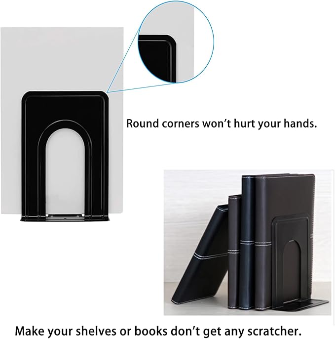 Book Ends, Heavy Duty Bookends to Hold Books, Metal Bookends for Home Office Decorative, Book Ends for Heavy Books/Movies/CD, Black 6.5 x 5 x 5.7 INES, 7 Pairs/ 14 Pieces
