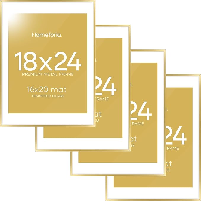 Homeforia 18 x 24 Poster Frame Gold, High End Metal 18x24 Picture Frames with Mat 16x20 Photo, 18 x 24 Gold Frame Matted to 16 by 20 Print, 24x18 Thin Hanging Frame, Tempered Glass, Wall Kit, Set of 4