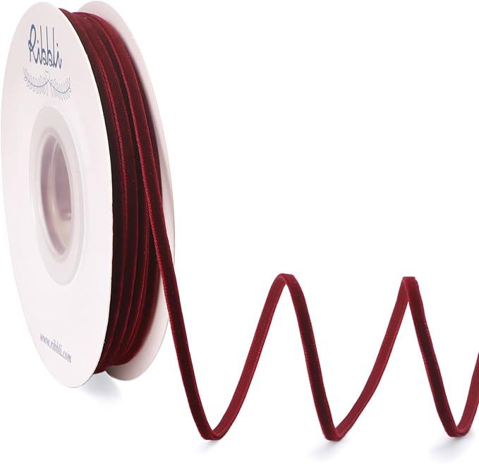 Ribbli Burgundy Velvet Ribbon 1/8 Inches Continuous 25 Yard Spool Green Christmas Ribbon for Gift Wrapping Crafts Home Decor