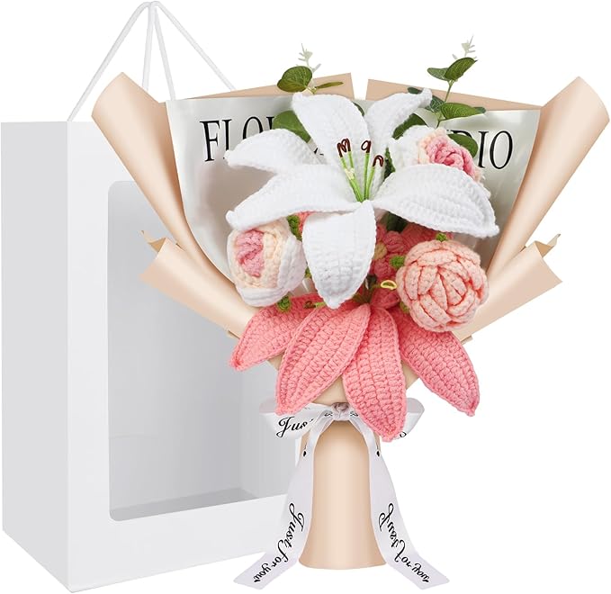 Crochet Flowers Crochet Flower Bouquet with Greeting Card Finished Crocheted Flowers Handmade Roses & Lily Bouquet for Mother's Day Valentines Day Birthday Graduation Gift Home Decor (Sakura Pink)