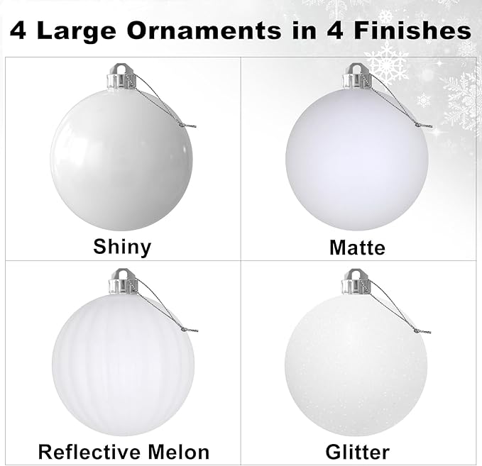 White 4.0" Large Christmas Balls - Christmas Tree Decoration Ornaments Shatterproof Hanging Balls for Birthday Halloween Holiday Wedding Decorations Set of 4pcs