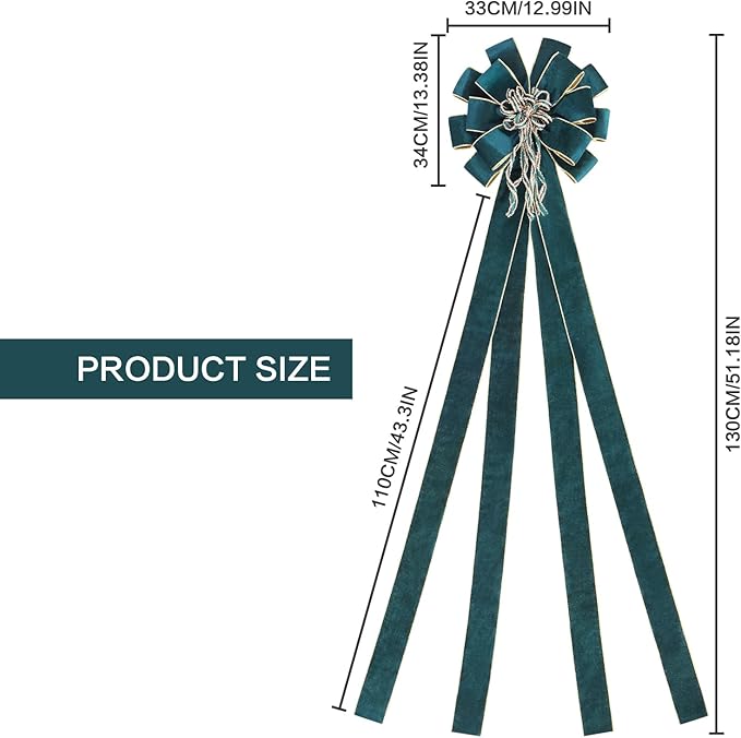 Green/Gold Velvet Christmas Tree Topper, 48x12 Inch Christmas Bow Tree Topper for Xmas Tree Decorations, for Xmas Ornaments Holiday Home Indoor/Outdoor Wedding Thanksgiving Decor.